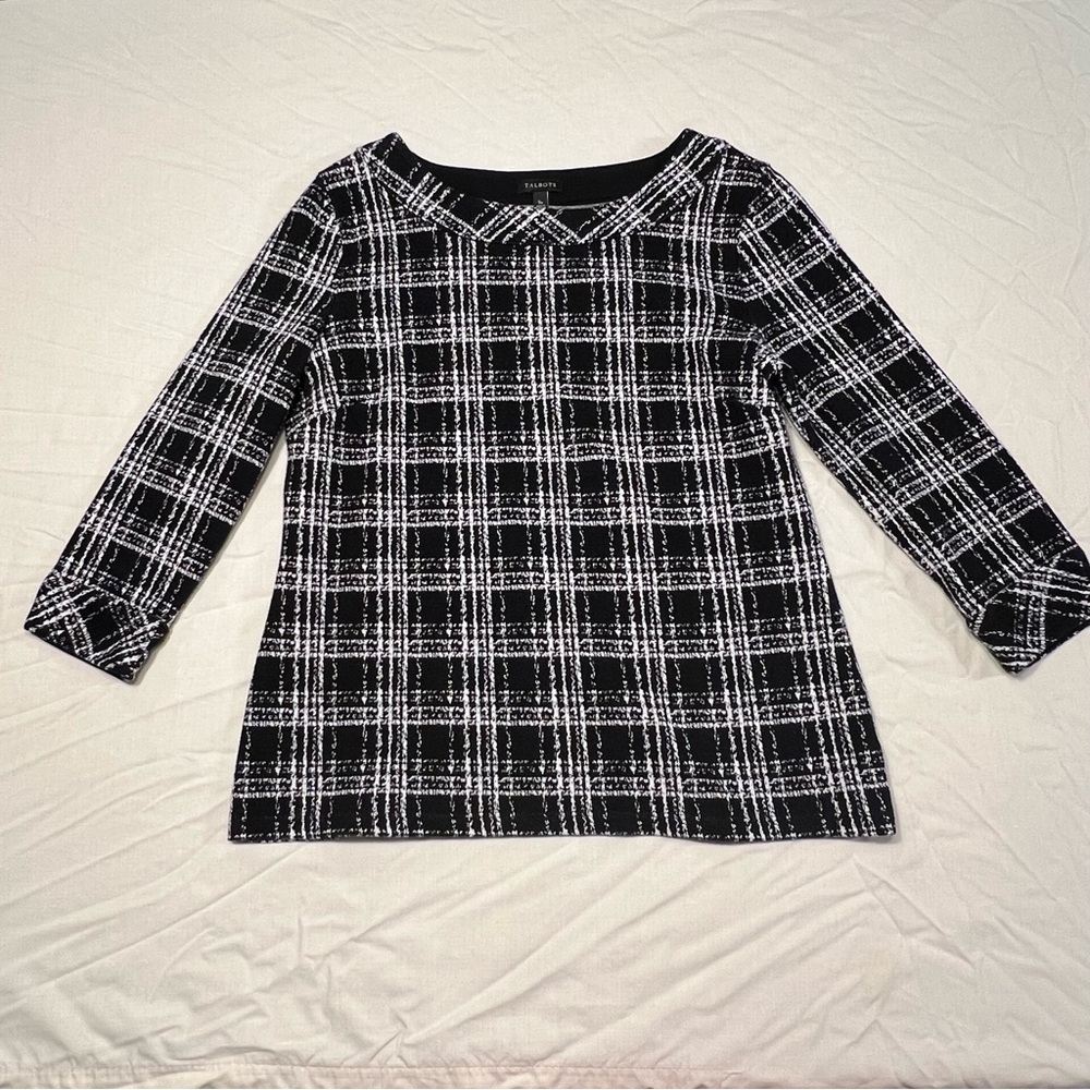 Talbots Women's Black & White Plaid Windowpane Top, 3/4 Sleeve, Size SP